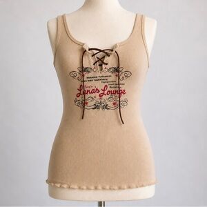 Y2K Graphic Babydoll Tank, Ribbed, Lace-up, IndieSleaze, Dive Bar Vintage, XS